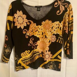 CDP & Co Elegant Black and Gold Floral Women's Blouse Size Medium